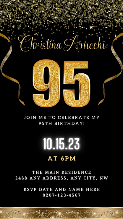 Black Gold Confetti 95th Birthday Evite featuring customizable gold text and ribbons on a black background, ideal for digital invitations via smartphone.