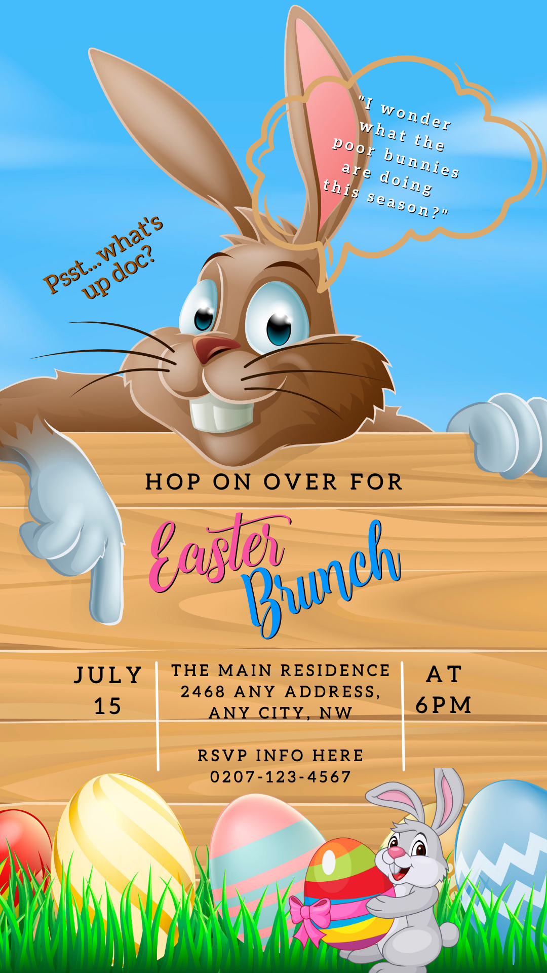 Editable Brown Easter Bunny Evite with customizable text and graphics on a wooden board, ideal for Easter brunch or BBQ invites.