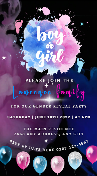 Customizable Digital Dark Pink Blue Feet Cloud | Gender Reveal Party Video Invitation featuring colorful paint splashes, text, and balloons. Download, personalize, and share electronically.