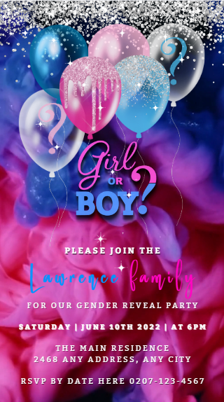 Confetti Sparkle Ink Cloud Balloons | Gender Reveal Party Video Invitation showing customizable pink and blue glitter balloons with text for a DIY digital invite.