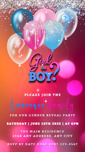 Glitter Confetti Balloons Gender Reveal Party Video Invitation, showcasing customizable digital balloon designs with glitter details and a question mark motif.