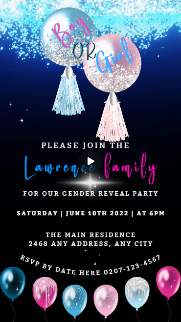 Confetti Rain Sparkle Balloons | Gender Reveal Party Video Invitation featuring customizable text and colorful balloon graphics. Ideal for digital invites via smartphone.