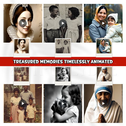 Collage promoting Photo To Video Keepsakes Gift, showcasing animated transformations of old portraits and photos, highlighting the service's ability to personalize cherished memories into digital keepsakes.