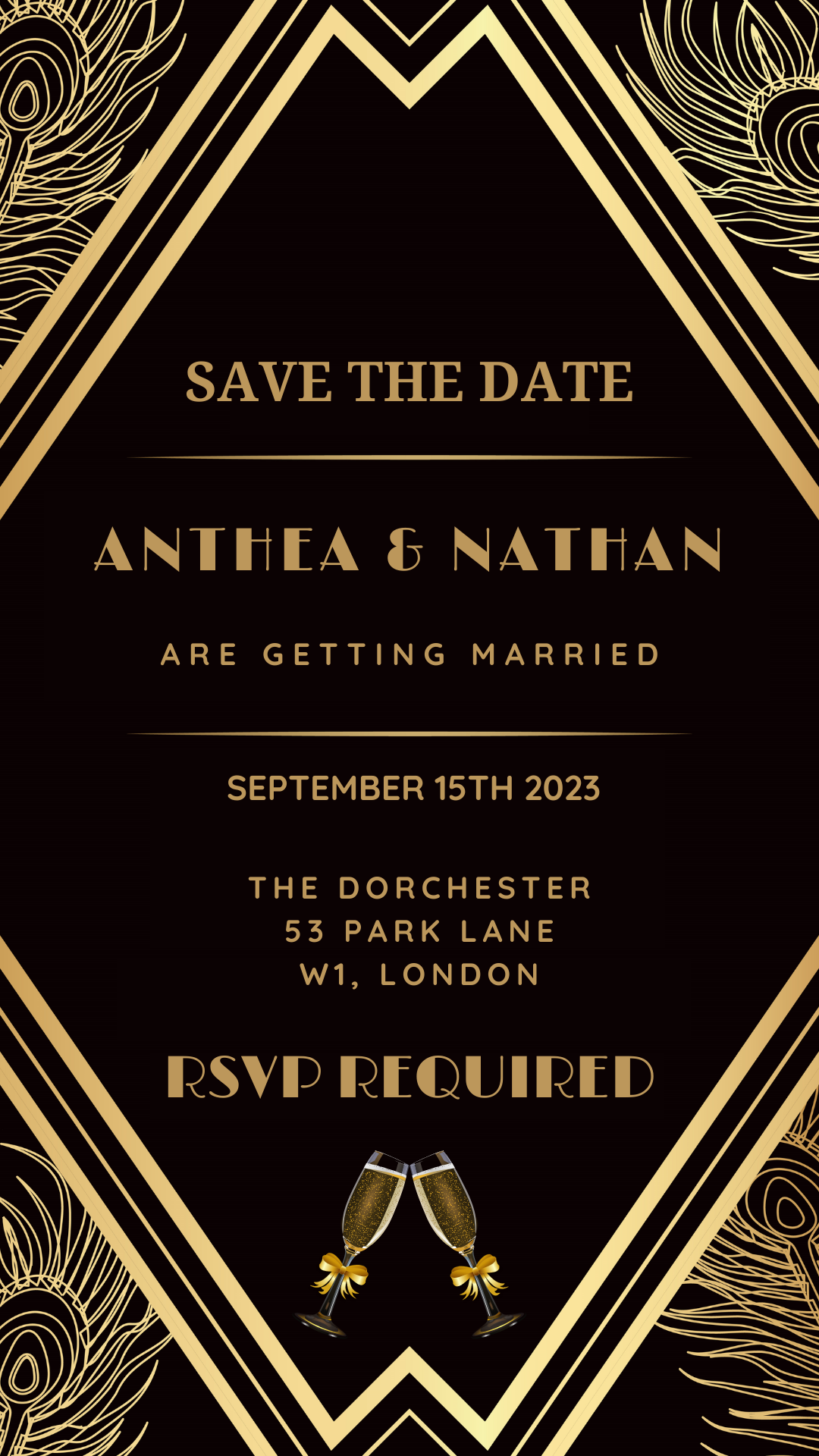 Gatsby Art Deco Save The Date Evite featuring black and gold design with editable text, champagne glasses, and gold bows. Ideal for digital invitations via Canva.