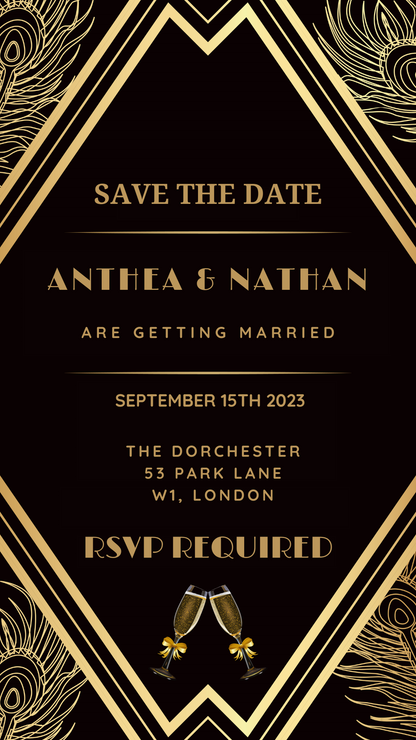 Gatsby Art Deco Save The Date Evite featuring black and gold design with editable text, champagne glasses, and gold bows. Ideal for digital invitations via Canva.