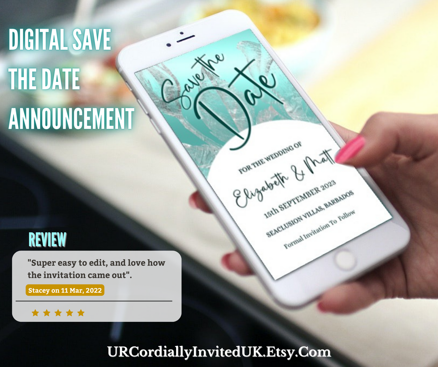 Hand holding a smartphone displaying a customizable Teal White Silver Flowers Save The Date Evite from URCordiallyInvited, editable via Canva.