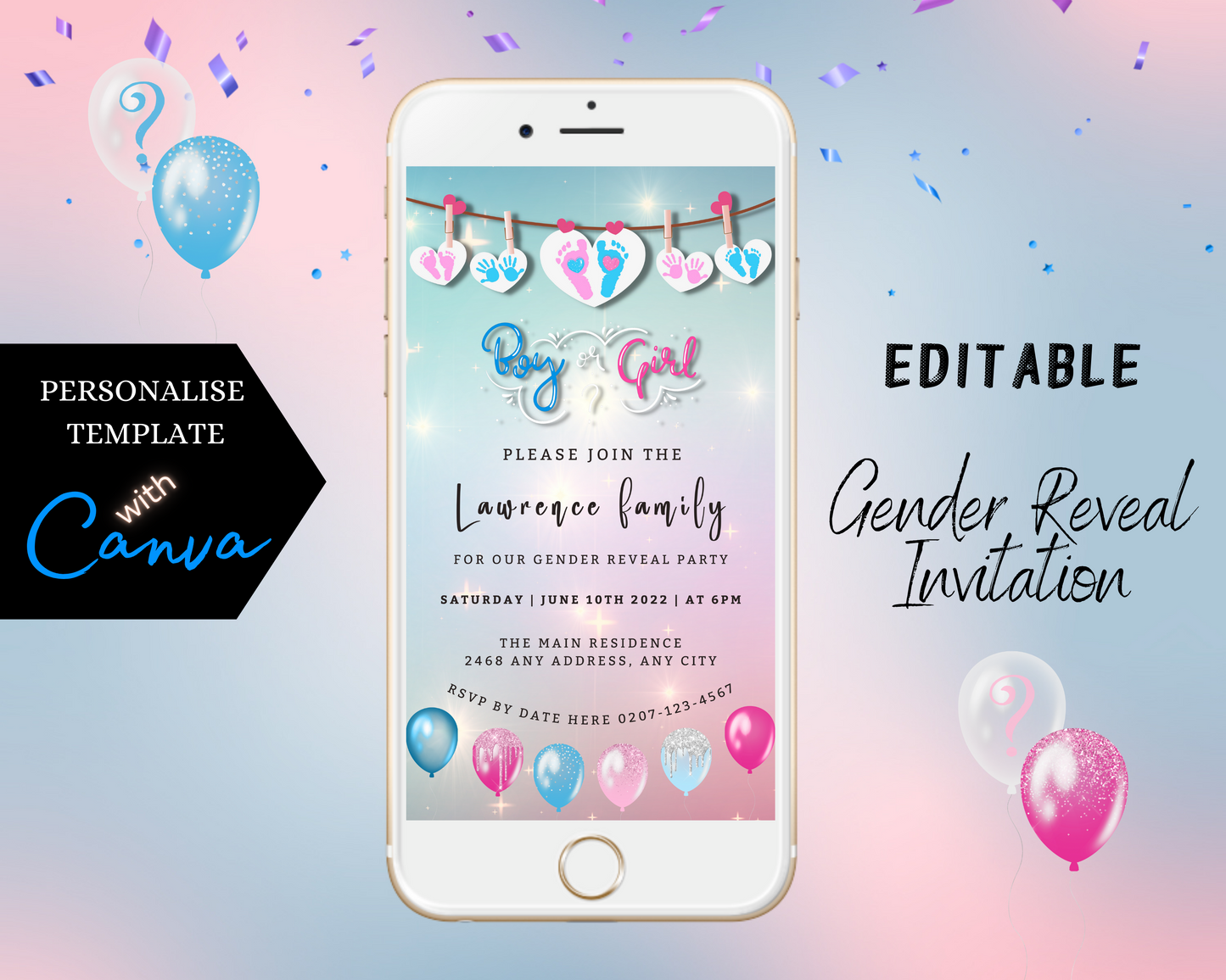 White smartphone displaying a customizable Sparkling Hanging Hearts | Gender Reveal Evite template with balloons and confetti, ready for personalization using Canva.