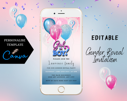 White smartphone displaying customizable Pink Blue Floating Balloons Glitter Gender Reveal Party Evite, ready for personalization via Canva editor.