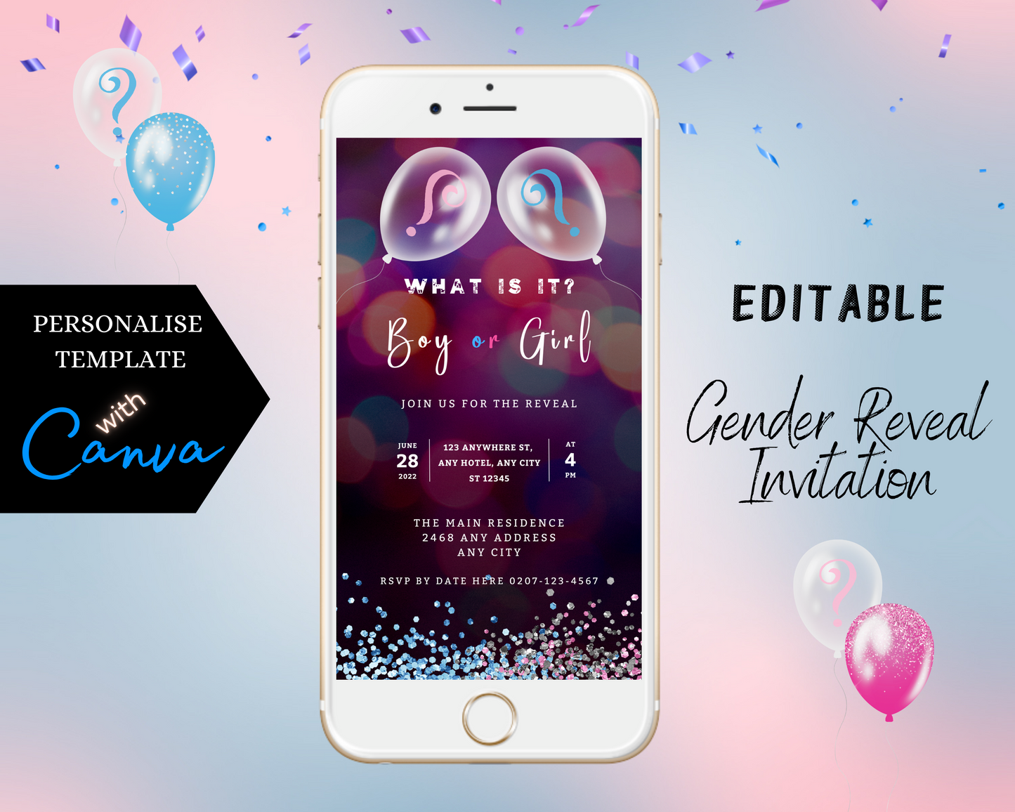 Customizable digital gender reveal invitation on a smartphone screen with balloons and confetti.