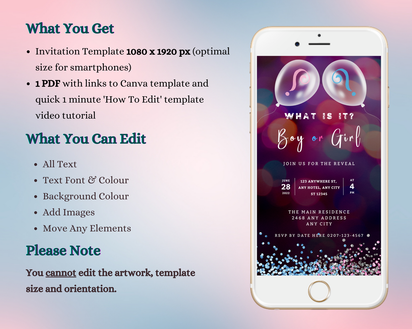 Customizable Digital Balloon Pink Blue Bokeh Gender Reveal Evite displayed on a smartphone, showcasing editable text and design elements for easy personalization via Canva.