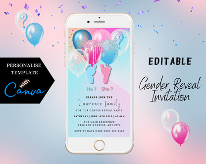 Customisable Digital Baby Feet Floating Balloons Gender Reveal Evite displayed on a smartphone screen, featuring pink and blue balloons.