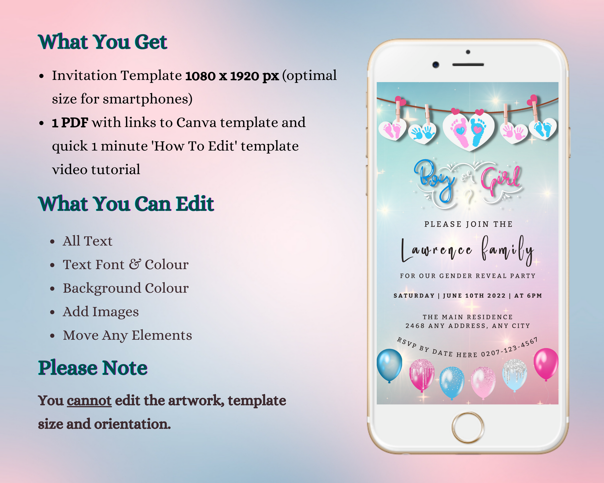 Customizable digital gender reveal evite with sparkling hanging hearts on a smartphone screen, designed for editing and sharing via Canva.