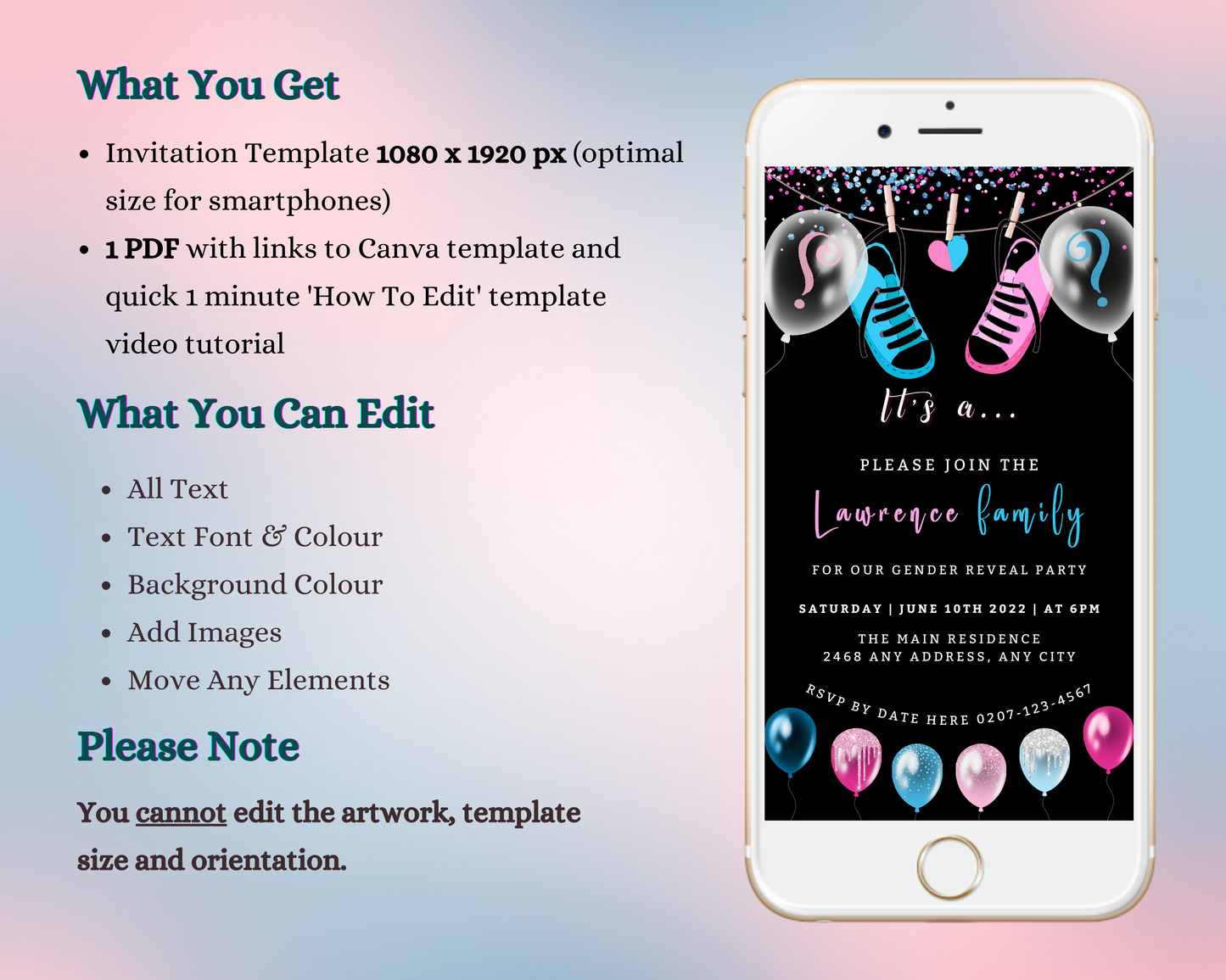 Customizable Gender Reveal Evite for Smartphones, featuring Black Blue Pink Baby Shoes with text editable via Canva. Ideal for digital invitations sent through messaging apps.