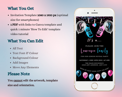 Customizable Gender Reveal Evite for Smartphones, featuring Black Blue Pink Baby Shoes with text editable via Canva. Ideal for digital invitations sent through messaging apps.