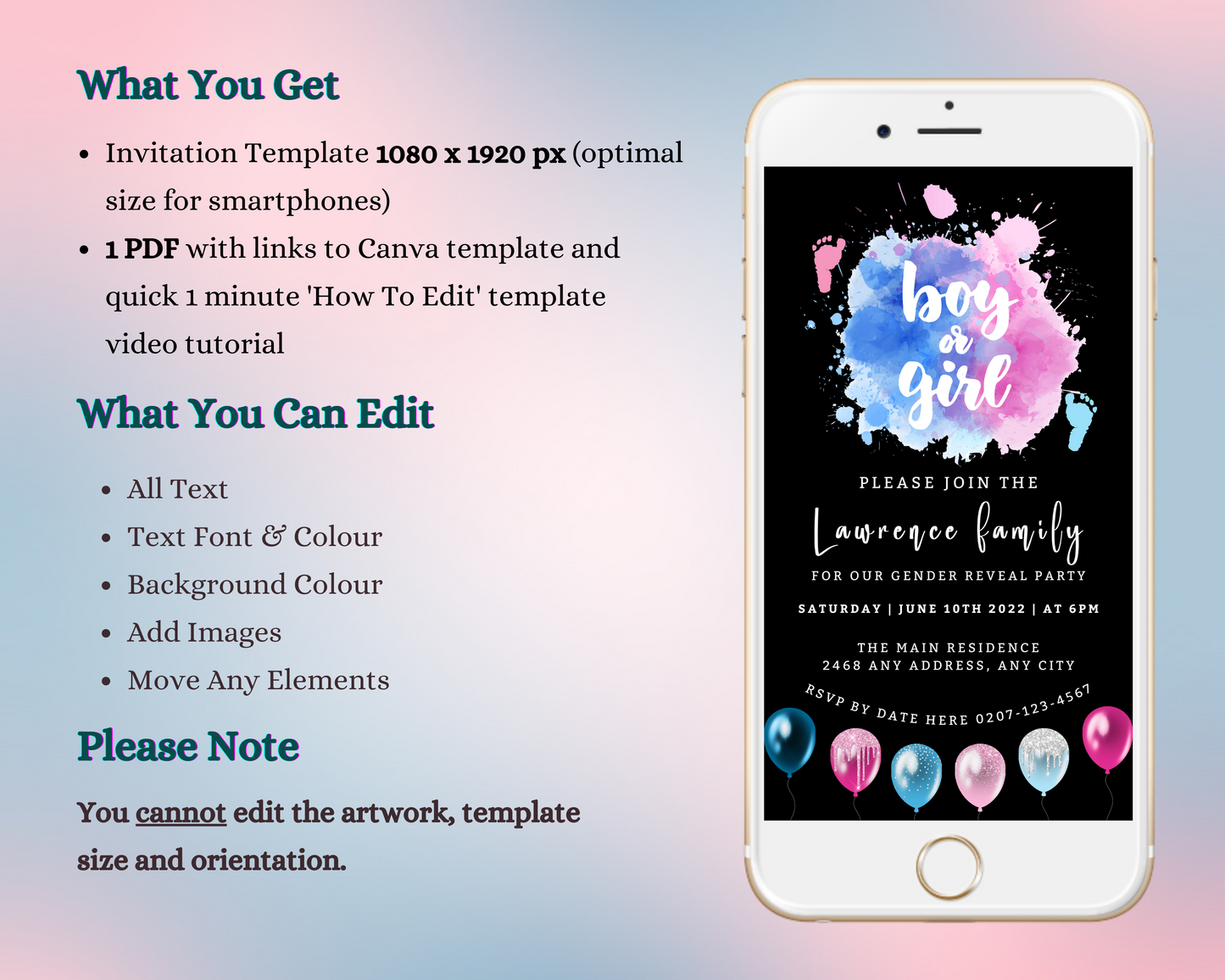 Smartphone displaying a customizable gender reveal invitation featuring pink and blue splashes, editable via Canva, for instant digital download and sharing.