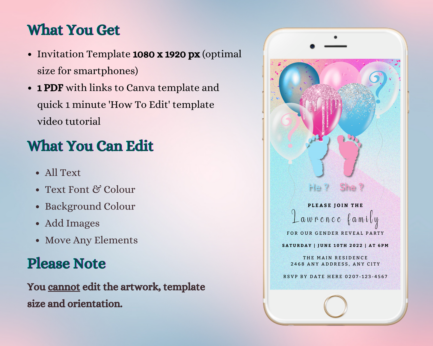 Smartphone displaying customizable digital baby feet floating balloons gender reveal evite template, with editable text and images for invitations via Canva.