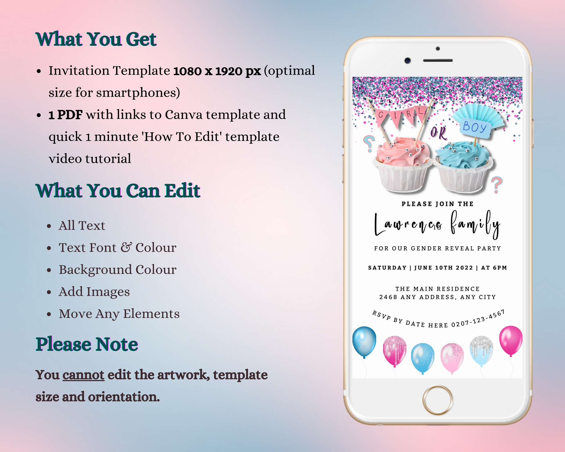 Customisable Gender Reveal Evite on smartphone screen displaying cupcakes and balloons, editable via Canva for digital sharing.