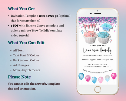 Customisable Gender Reveal Evite on smartphone screen displaying cupcakes and balloons, editable via Canva for digital sharing.