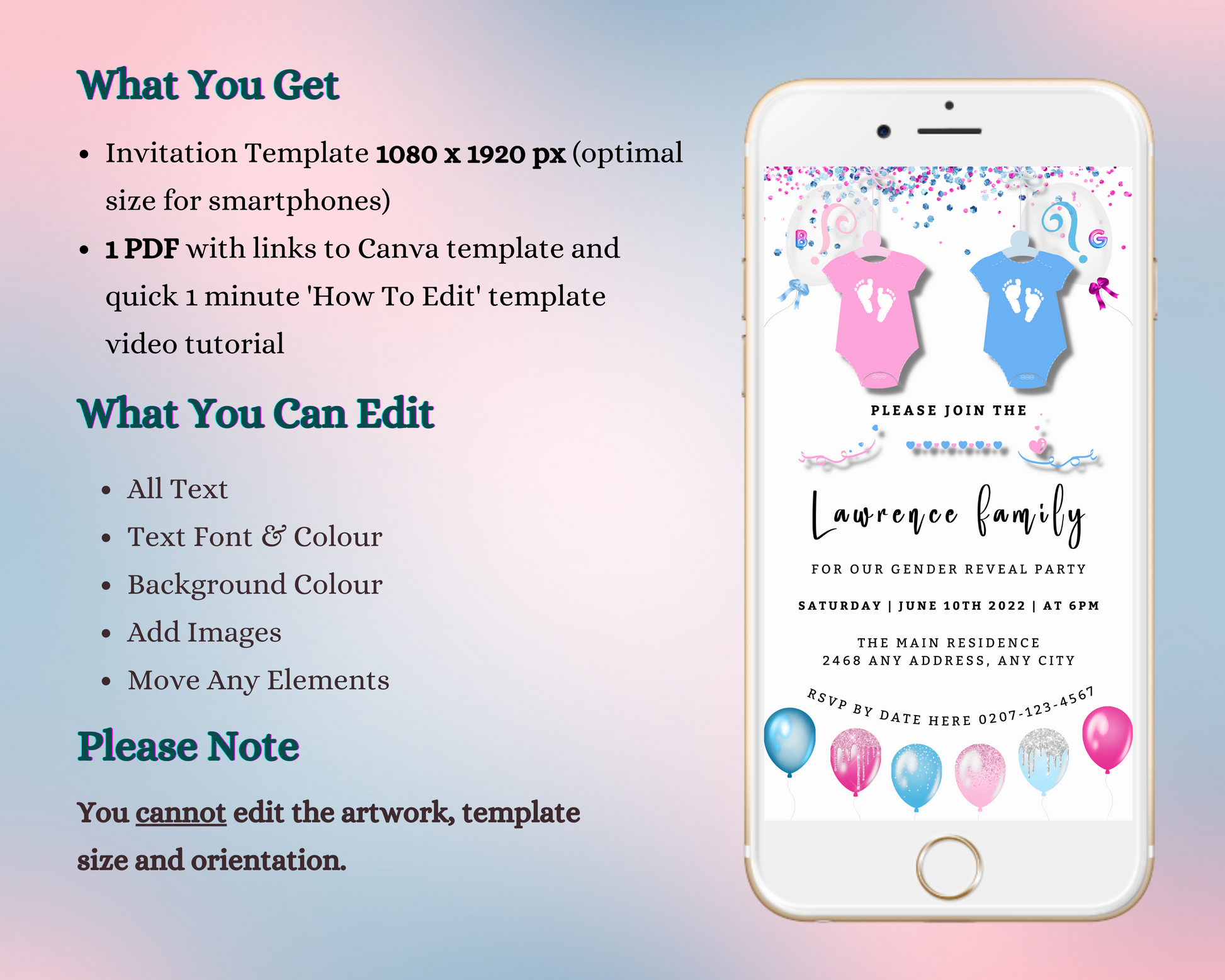 A smartphone displaying a customizable digital baby shower invitation with blue and pink baby bodysuits and confetti, designed for gender reveal events.