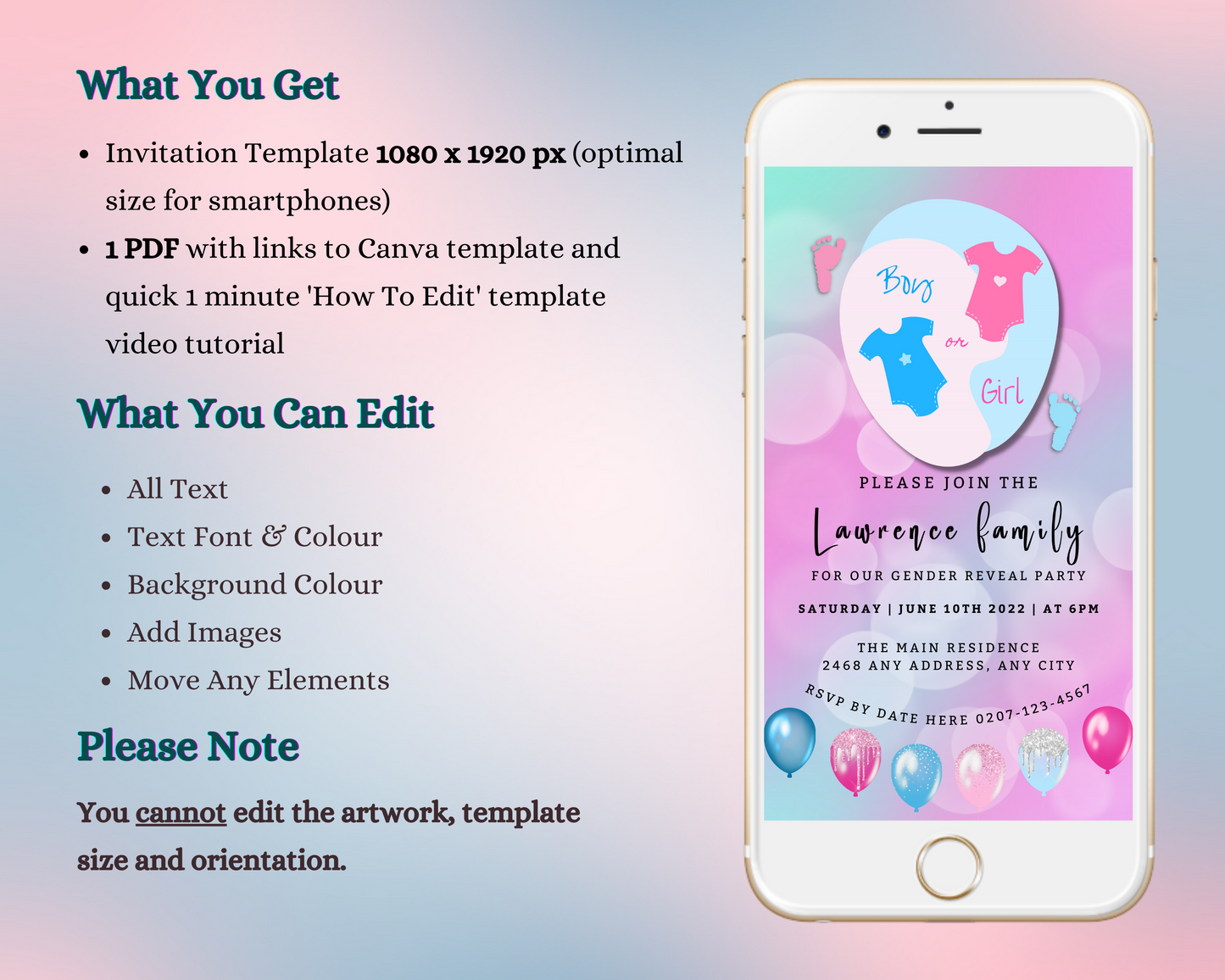 Customisable Digital Pink Blue Baby Grow Bokeh Gender Reveal Evite displayed on smartphone with baby shower invitation elements and balloons visible on screen.