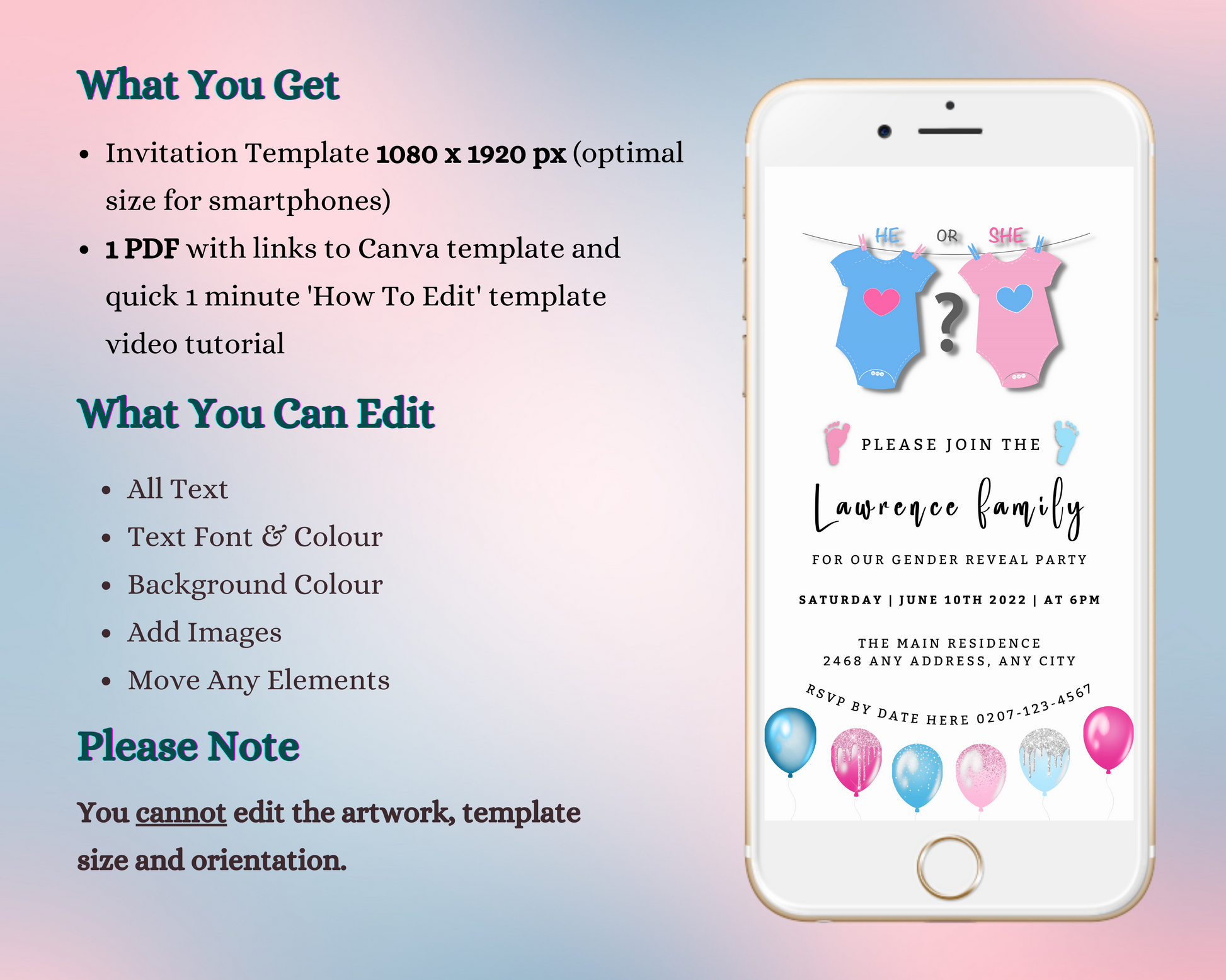 Phone displaying a customizable digital invitation for a gender reveal, featuring pink and blue baby clothes with hearts, balloons, and editable text.