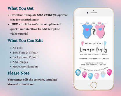 Phone displaying a customizable digital invitation for a gender reveal, featuring pink and blue baby clothes with hearts, balloons, and editable text.