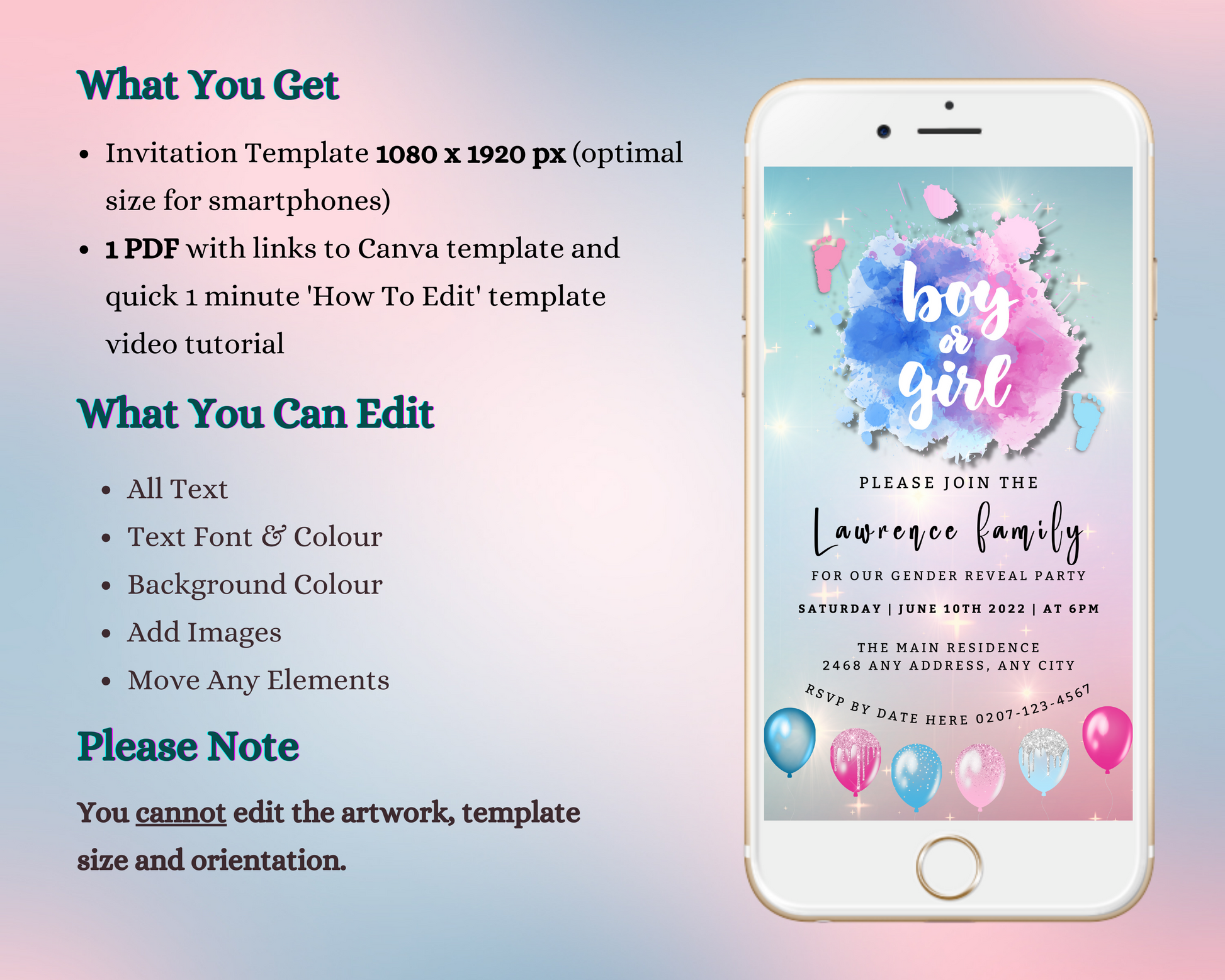 Customisable Digital Pink Blue Sparkle Feet Cloud Gender Reveal Evite displayed on a smartphone screen.