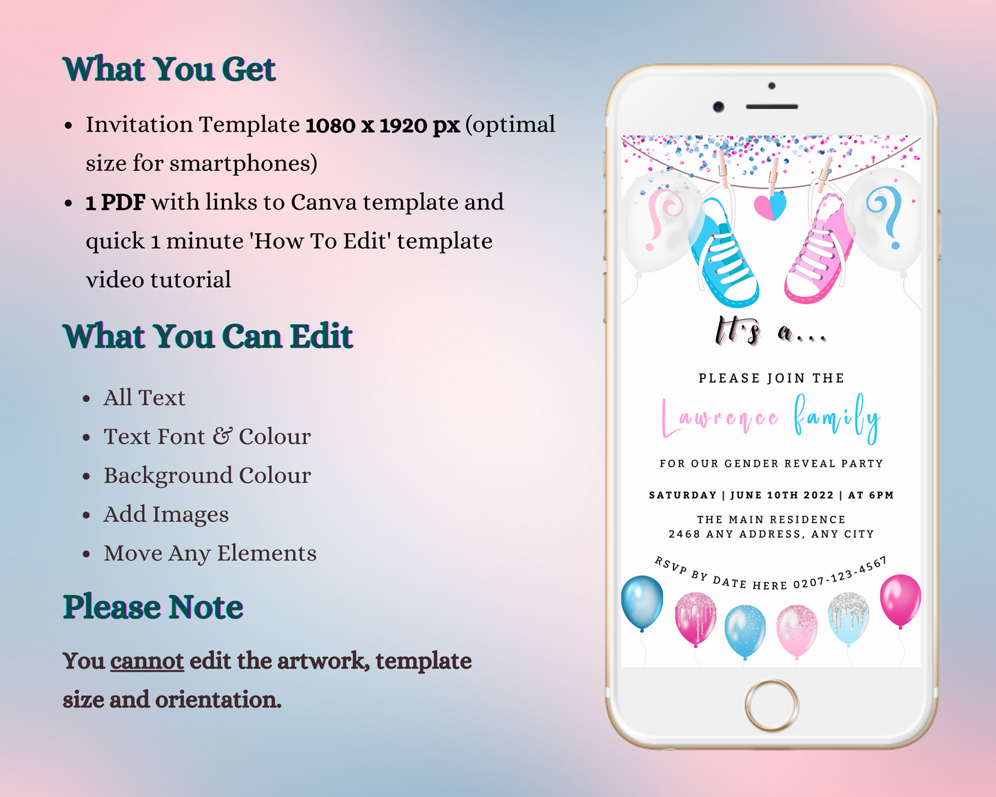 Customisable Digital Gender Reveal Evite featuring pink and blue baby shoes and balloons, editable on Canva for smartphones, ideal for sharing via text and email.