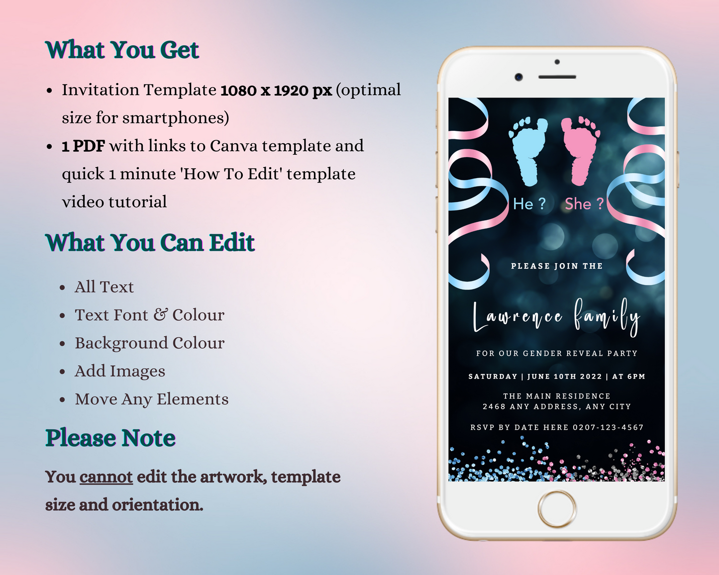 Happy Baby Feet Ribbons | Gender Reveal Evite displayed on a smartphone screen, showcasing a customizable digital invitation template for events.