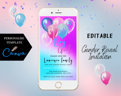 White smartphone displaying customizable Dreamy Cloud Floating Balloons Gender Reveal Evite, featuring colorful balloons on the screen for digital invitations.