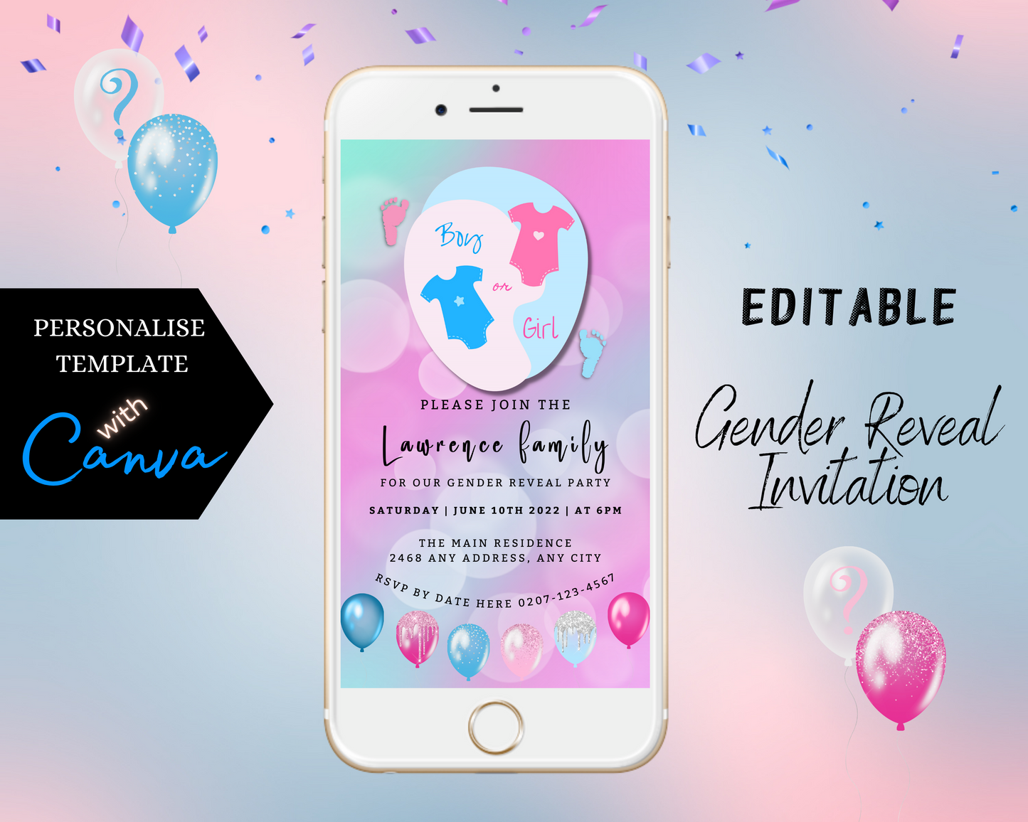 White smartphone displaying customizable digital invitation for a gender reveal event, featuring baby onesies and editable text, set against a festive backdrop with balloons and confetti.