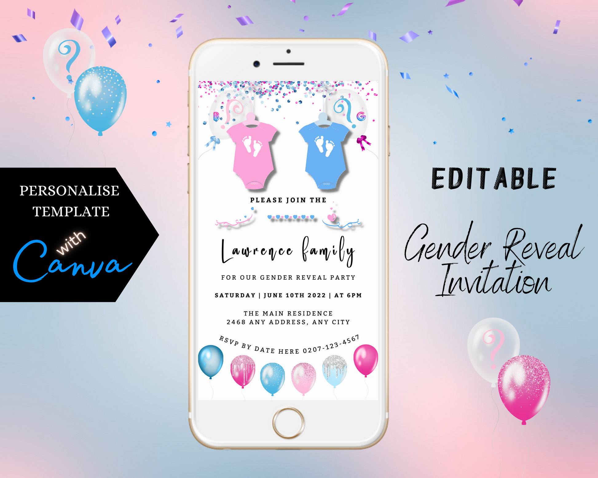 White smartphone displaying the Baby Grow Blue Pink Confetti Gender Reveal Evite template, surrounded by pink and blue balloons with silver confetti.