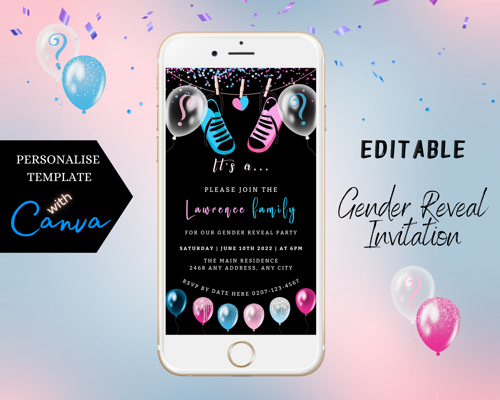 White smartphone displaying customizable digital gender reveal invitation featuring black, blue, and pink baby shoes with balloons and confetti.