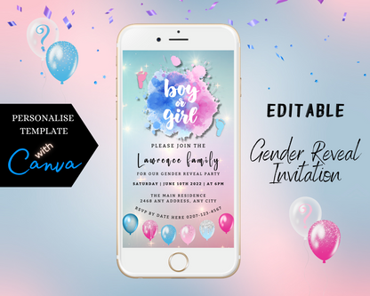 White smartphone displaying a customizable digital gender reveal invitation with pink and blue balloons and confetti, titled Pink Blue Sparkle Feet Cloud | Gender Reveal Evite.