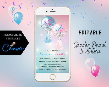 White cell phone displaying customizable Blue Pink Balloons Sparkle Gender Reveal Evite with colorful balloons and confetti on the screen.