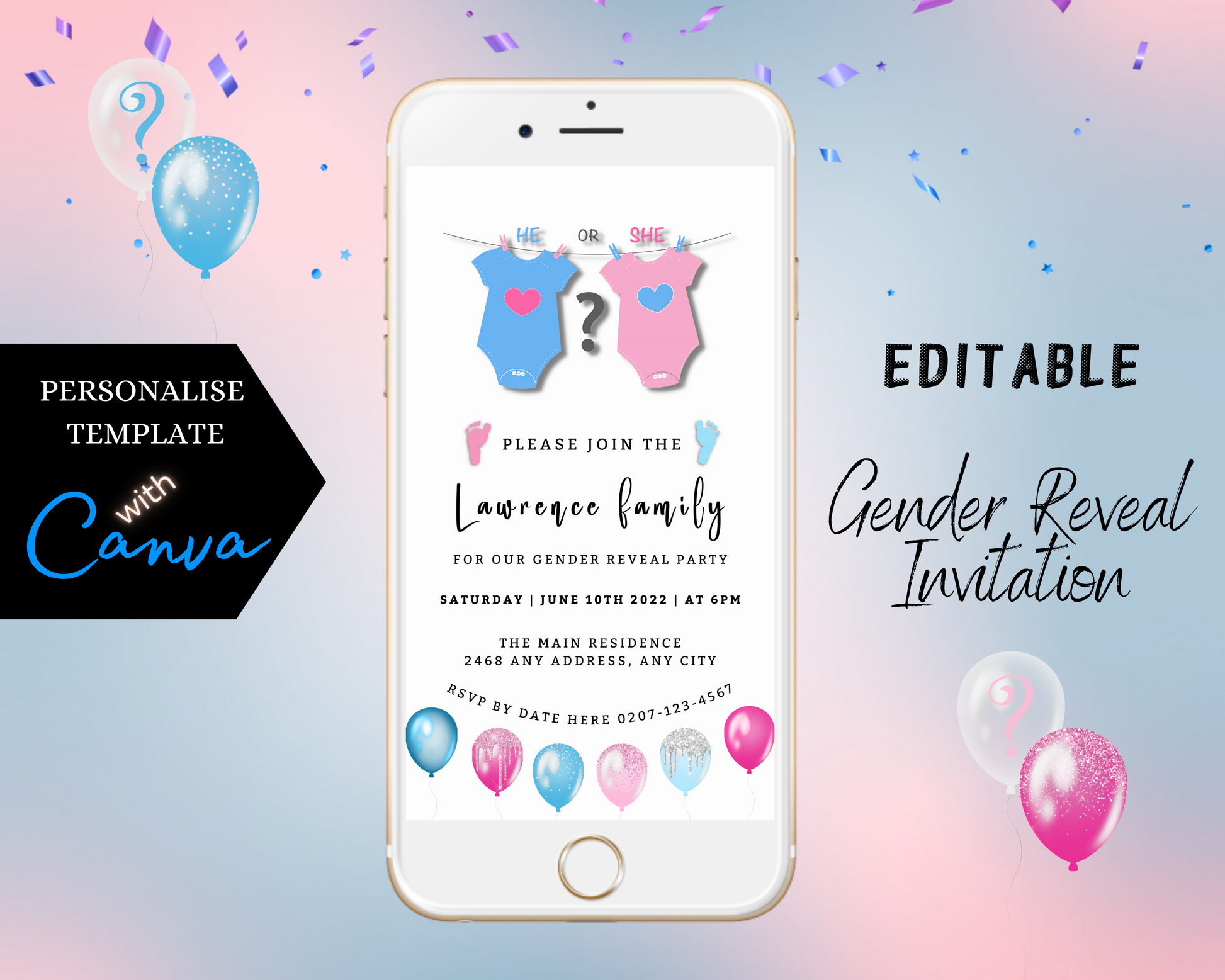 White smartphone displaying a customizable digital Pink Blue Baby Grow Heart gender reveal evite, surrounded by balloons and confetti.