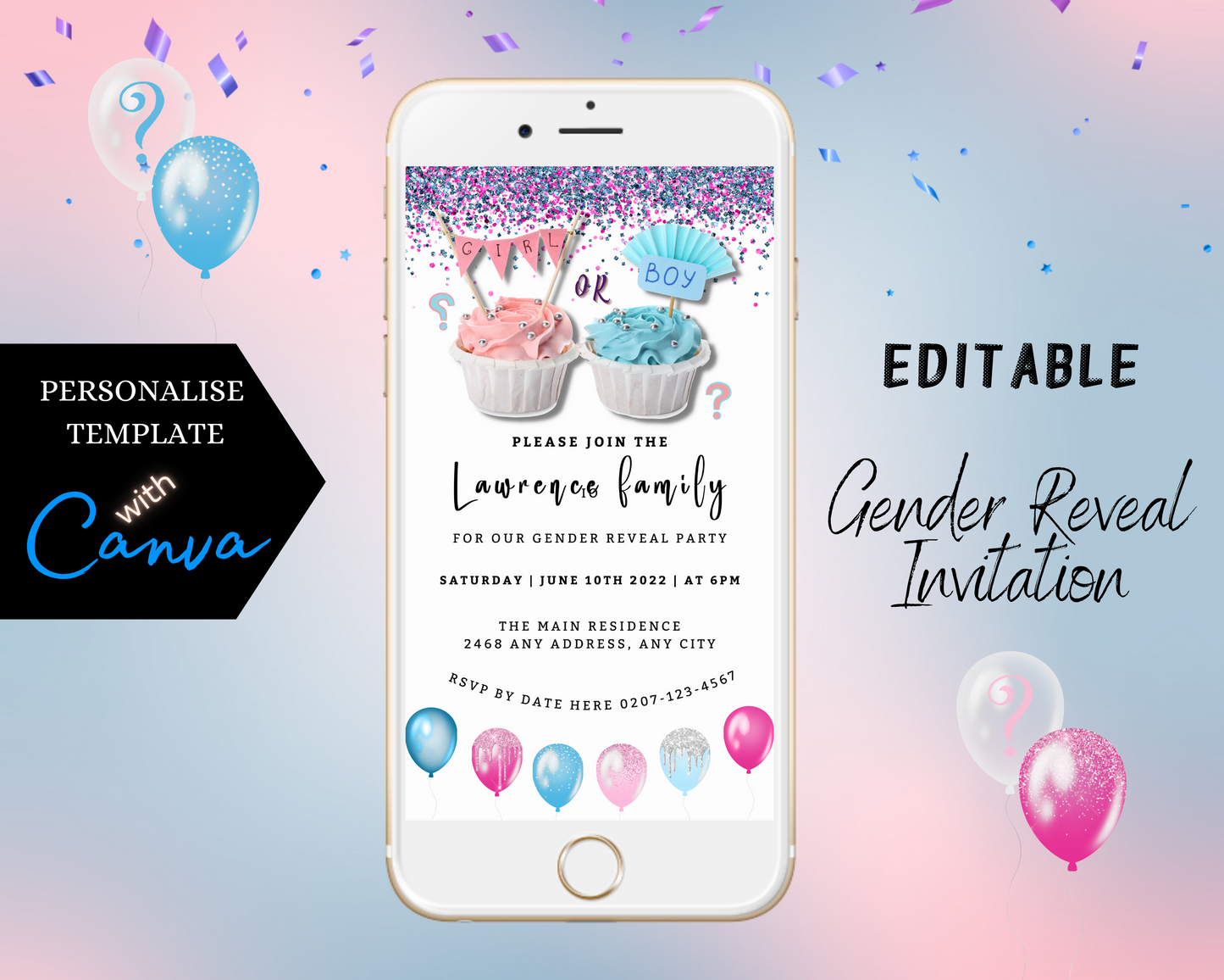 Customizable digital cupcake-themed gender reveal invitation on a smartphone screen, featuring pink and blue confetti, cupcakes, and balloons.