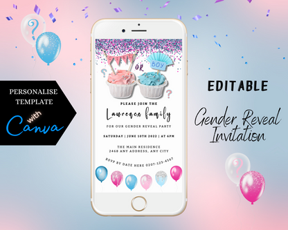 Customizable digital cupcake-themed gender reveal invitation on a smartphone screen, featuring pink and blue confetti, cupcakes, and balloons.