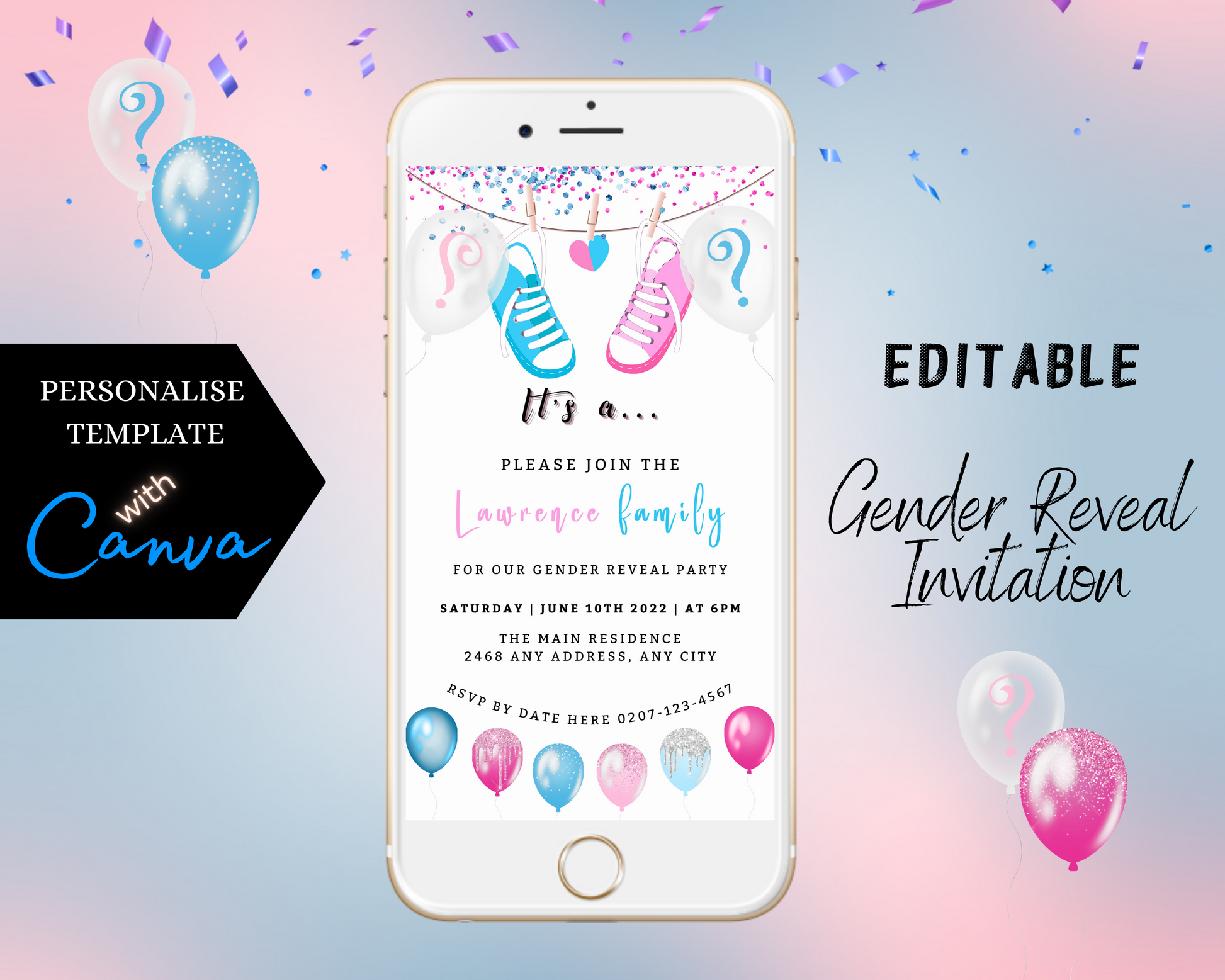 A digital baby shower invitation on a smartphone featuring customizable pink and blue baby shoes and balloons for a gender reveal.