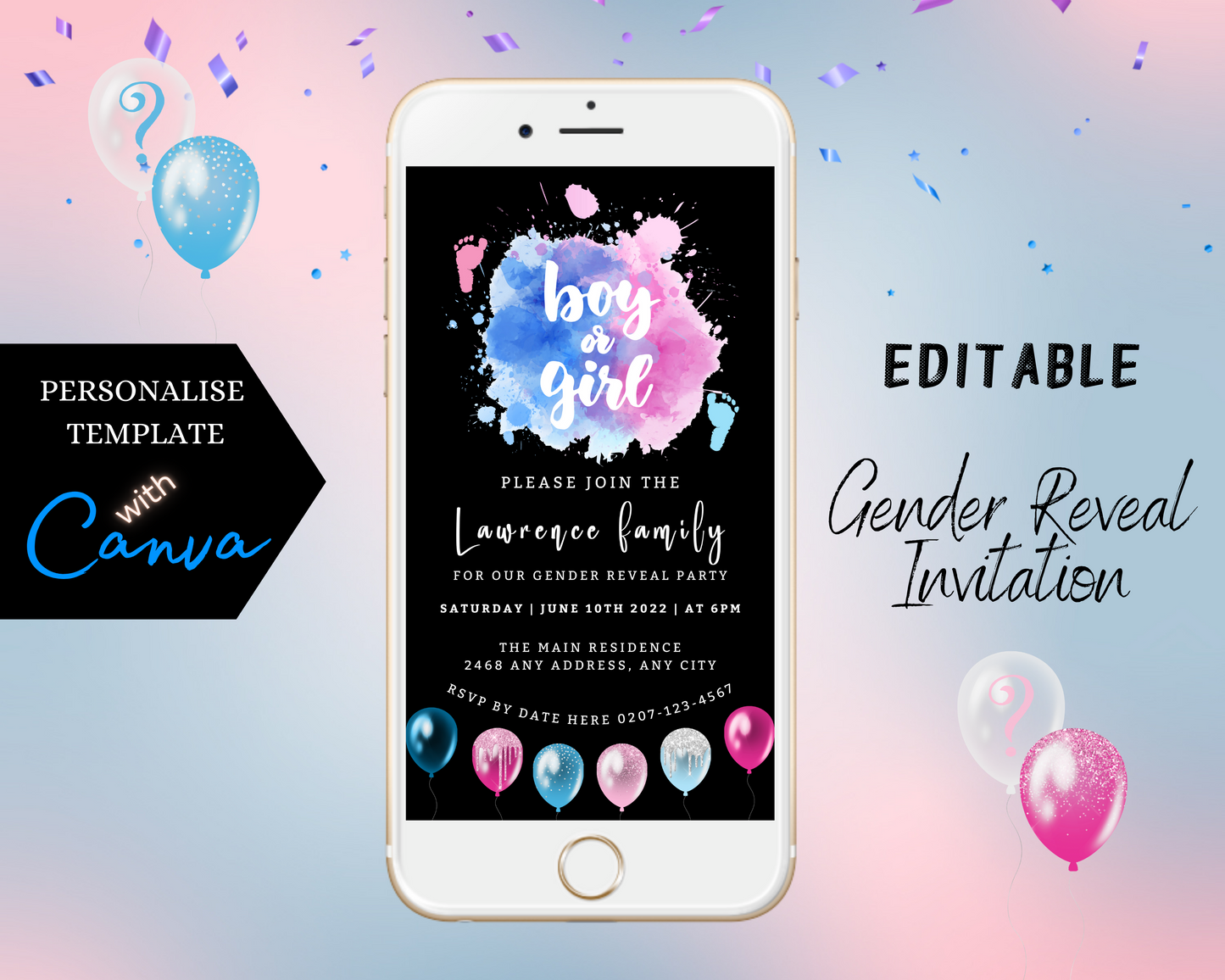 White smartphone displaying customizable gender reveal invite with pink and blue balloons and confetti.