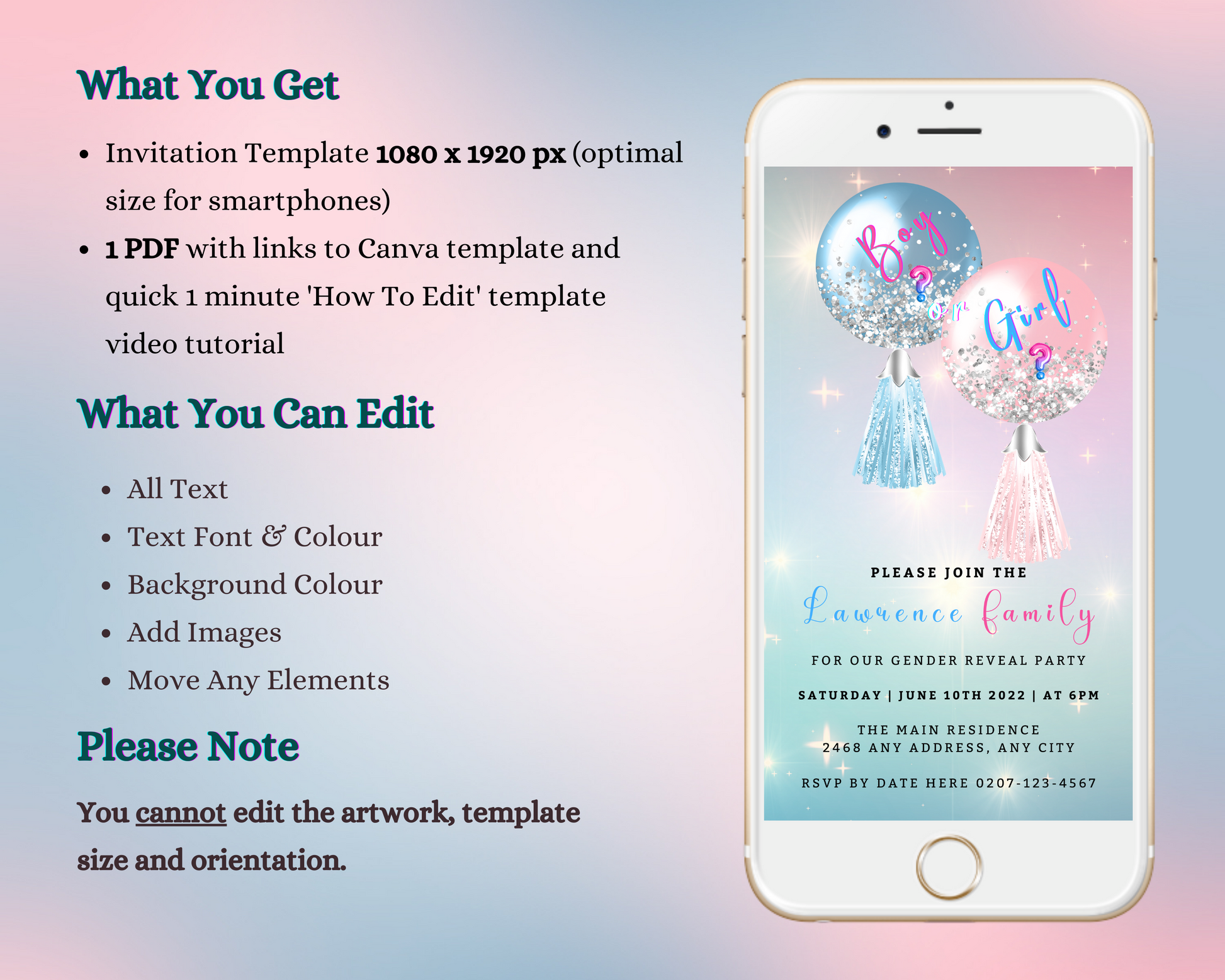 Customizable Digital Blue Pink Balloons Sparkle | Gender Reveal Evite displayed on a smartphone screen, featuring celebratory balloons and editable event details.