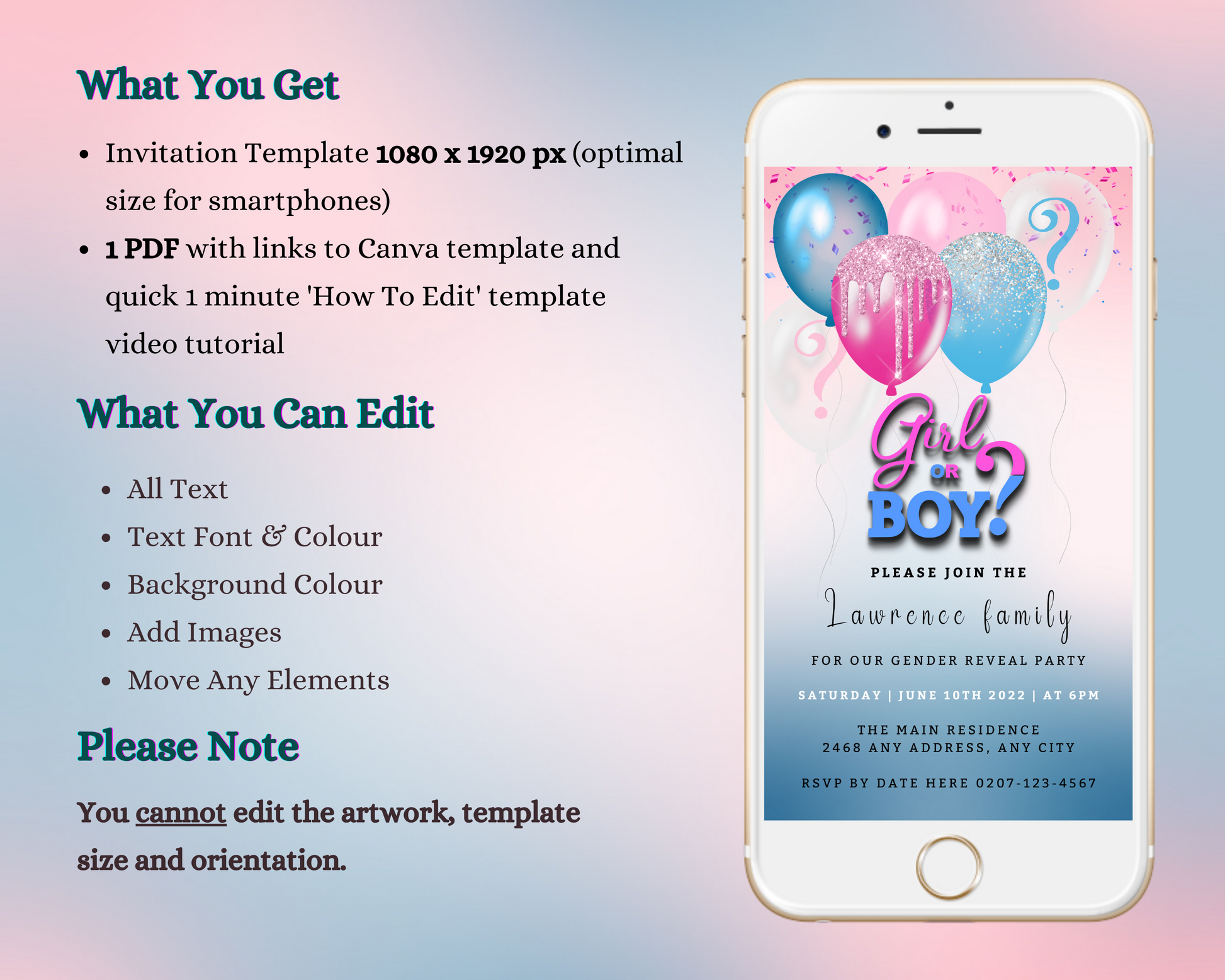 White smartphone displaying a customizable digital invitation template with pink and blue floating balloons and glitter for a gender reveal party.