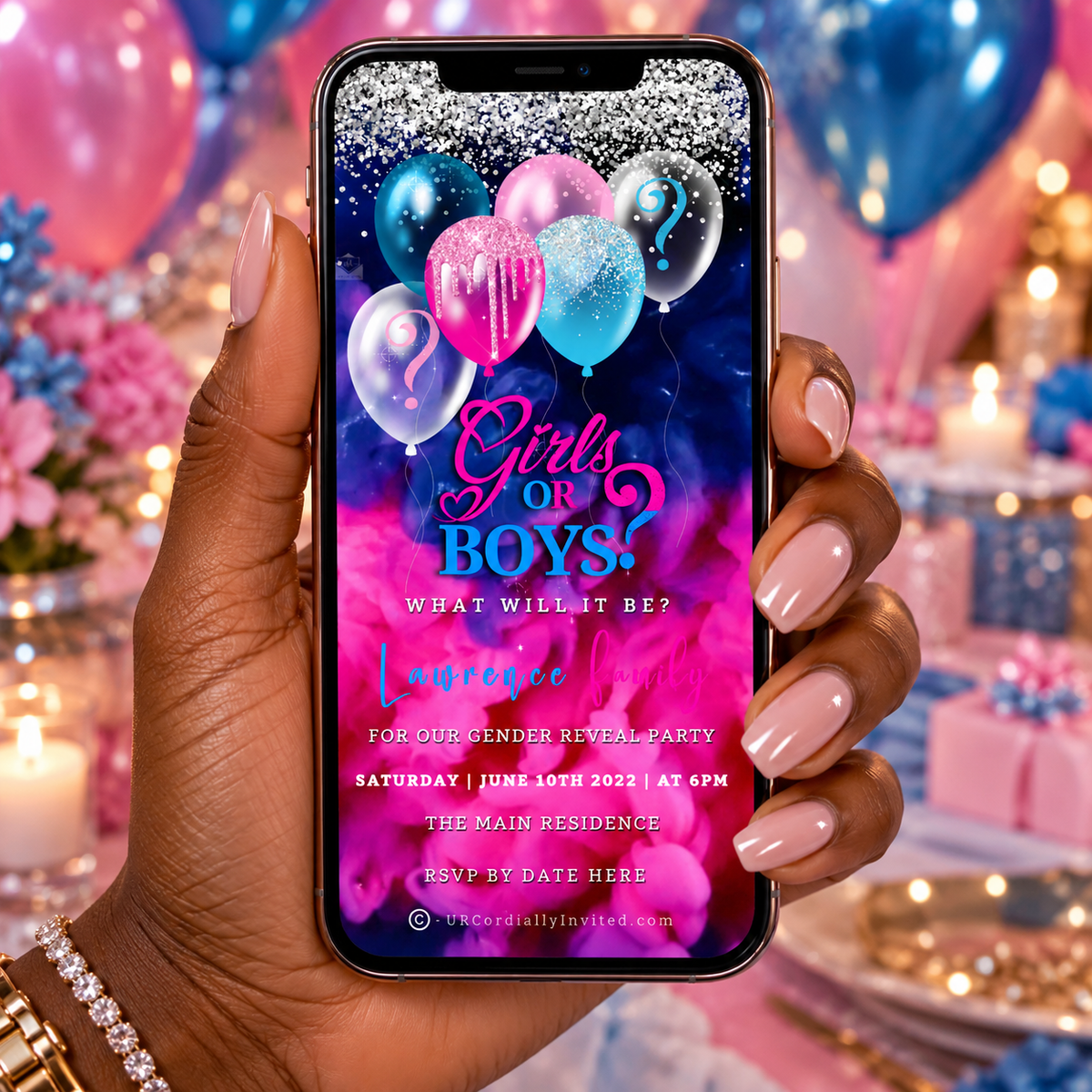 A hand holding a phone displaying a twins gender reveal digital invitation featuring blue and pink ink-splatter balloons.