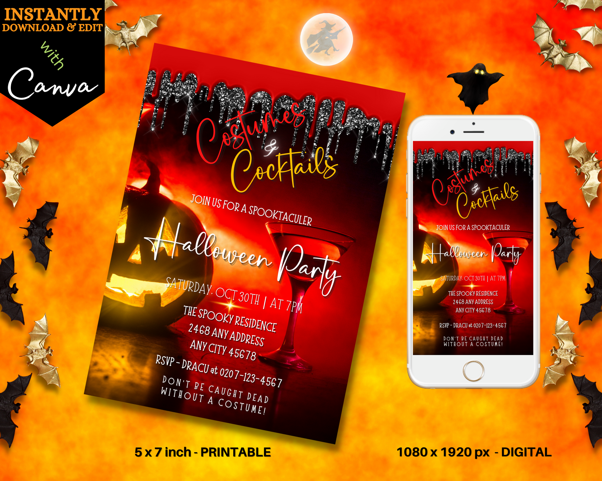 Red Hot Pumpkin Costumes & Cocktails Halloween Evite displayed on a smartphone screen and poster, showcasing a customizable invitation template from URCordiallyInvited.