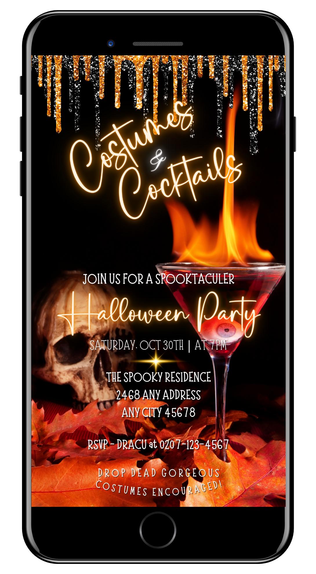 Flaming Skull Costumes & Cocktails | Digital Halloween Party Invite featuring a skull, glass of red liquid, and orange leaves on a smartphone screen.