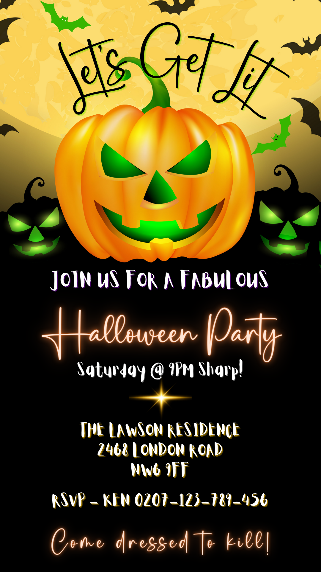 Halloween Evite featuring a green-eyed pumpkin with customizable text, available as a digital invitation template for personalization via Canva.