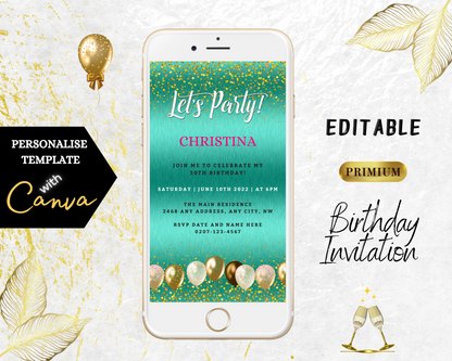 Teal Gold Balloons Editable Birthday Evite displayed on a smartphone screen, featuring a customizable digital invitation template with editable text and design elements.