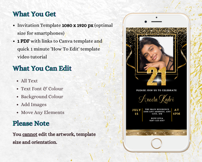 Cellphone displaying a customizable Black Gold Confetti Photo | 21st Birthday Evite, featuring a smiling girl’s image, ready for personalization via Canva.