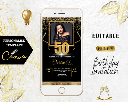 Smartphone displaying the customisable Black Gold Confetti 50th Birthday Evite template with a woman's photo, designed for easy editing and electronic sharing via Canva.