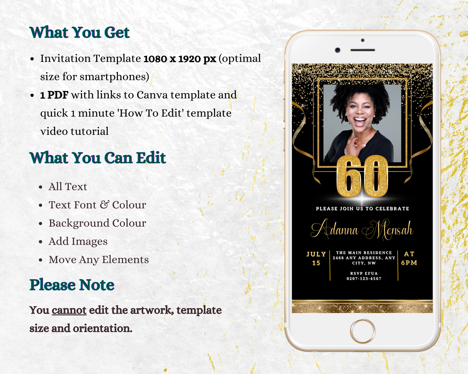 Black Gold Confetti W/Photo | 60th Birthday Evite displayed on a smartphone screen, showcasing a customizable invitation template featuring a woman's smiling face and celebratory design.